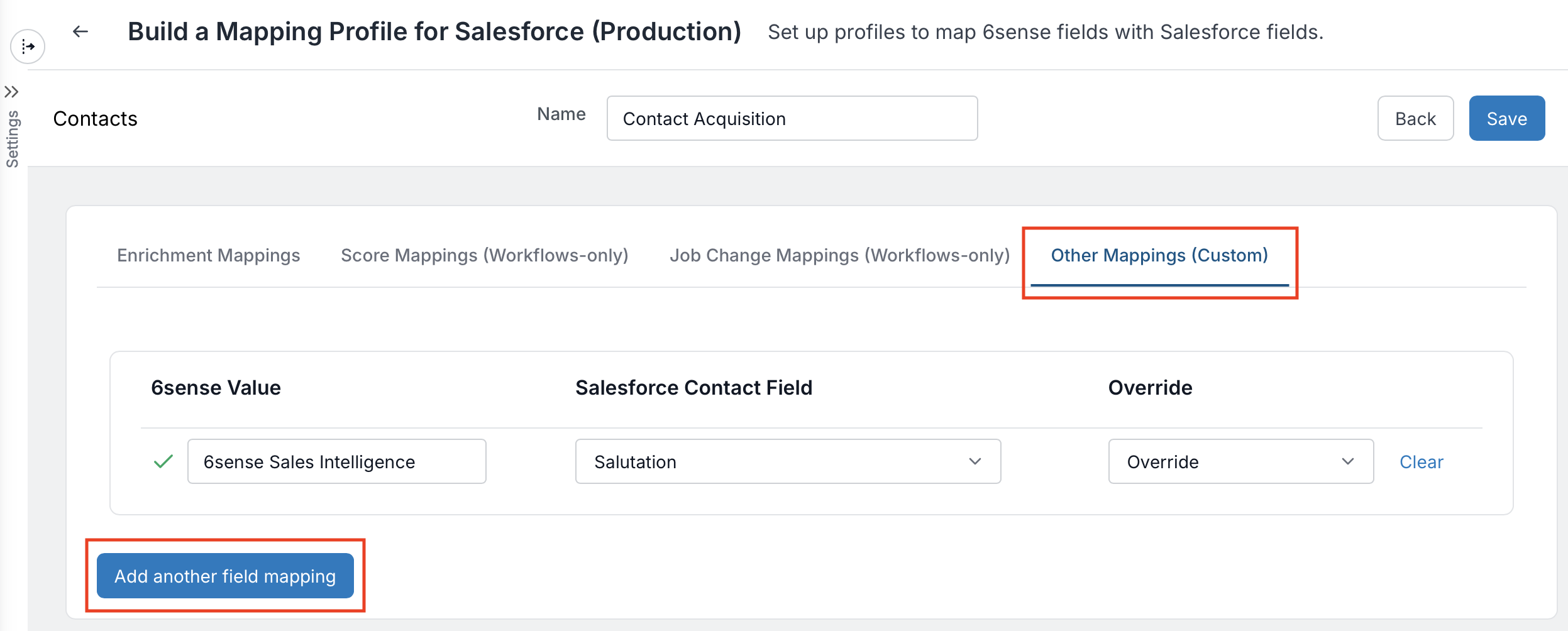 Mapping profile setup for Salesforce with highlighted sections for field mapping.